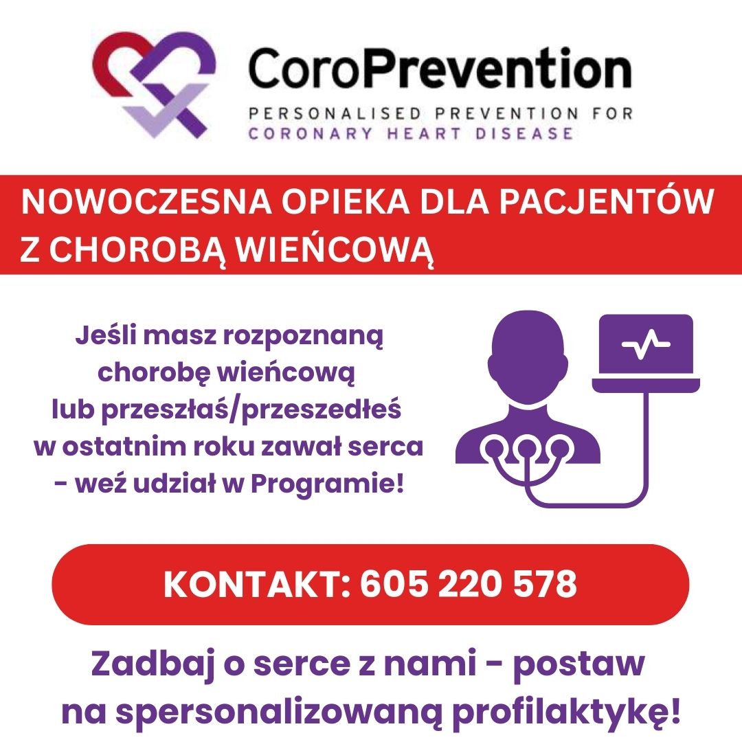 Grafika prezentująca informacje o Opiece dla Pacjenta z chorobą Wieńcową
